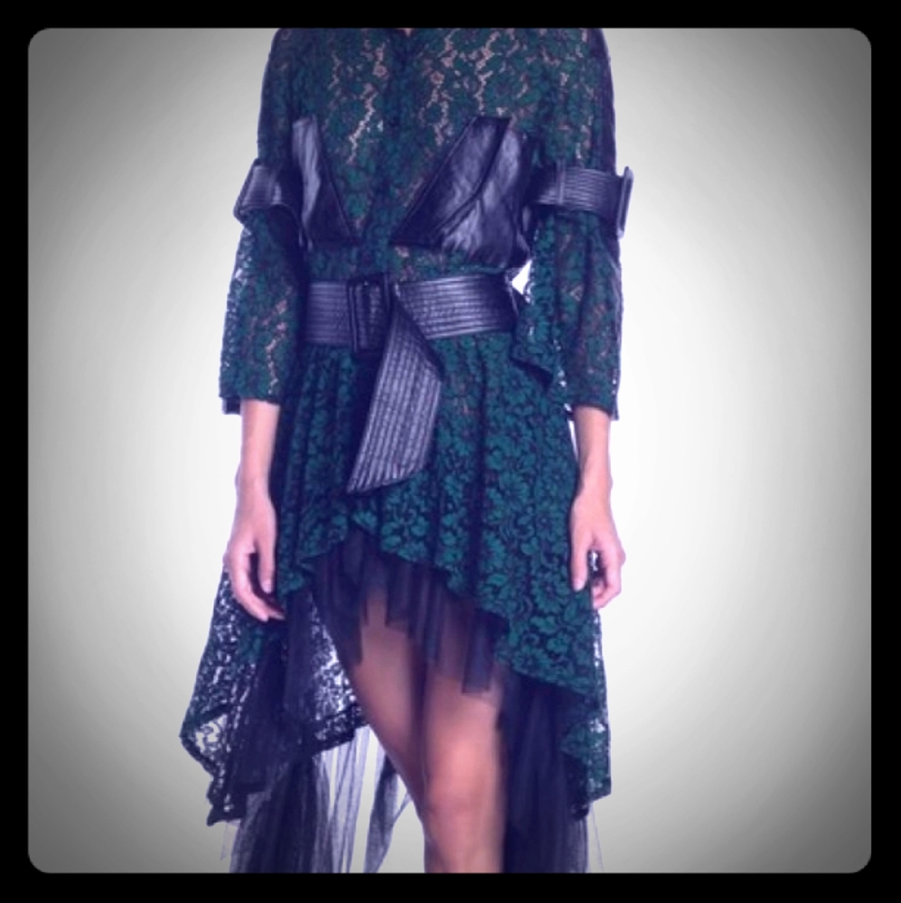 TOV Cascading Lace Faux Leather Trim Dress